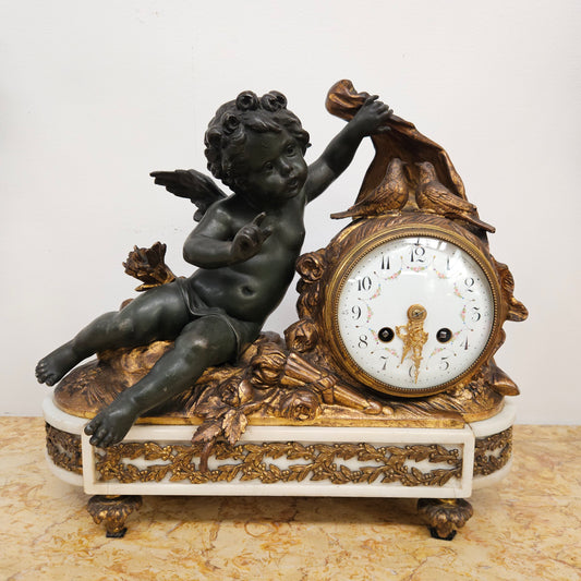 French Cherub Gilt & Marble Mantle Clock