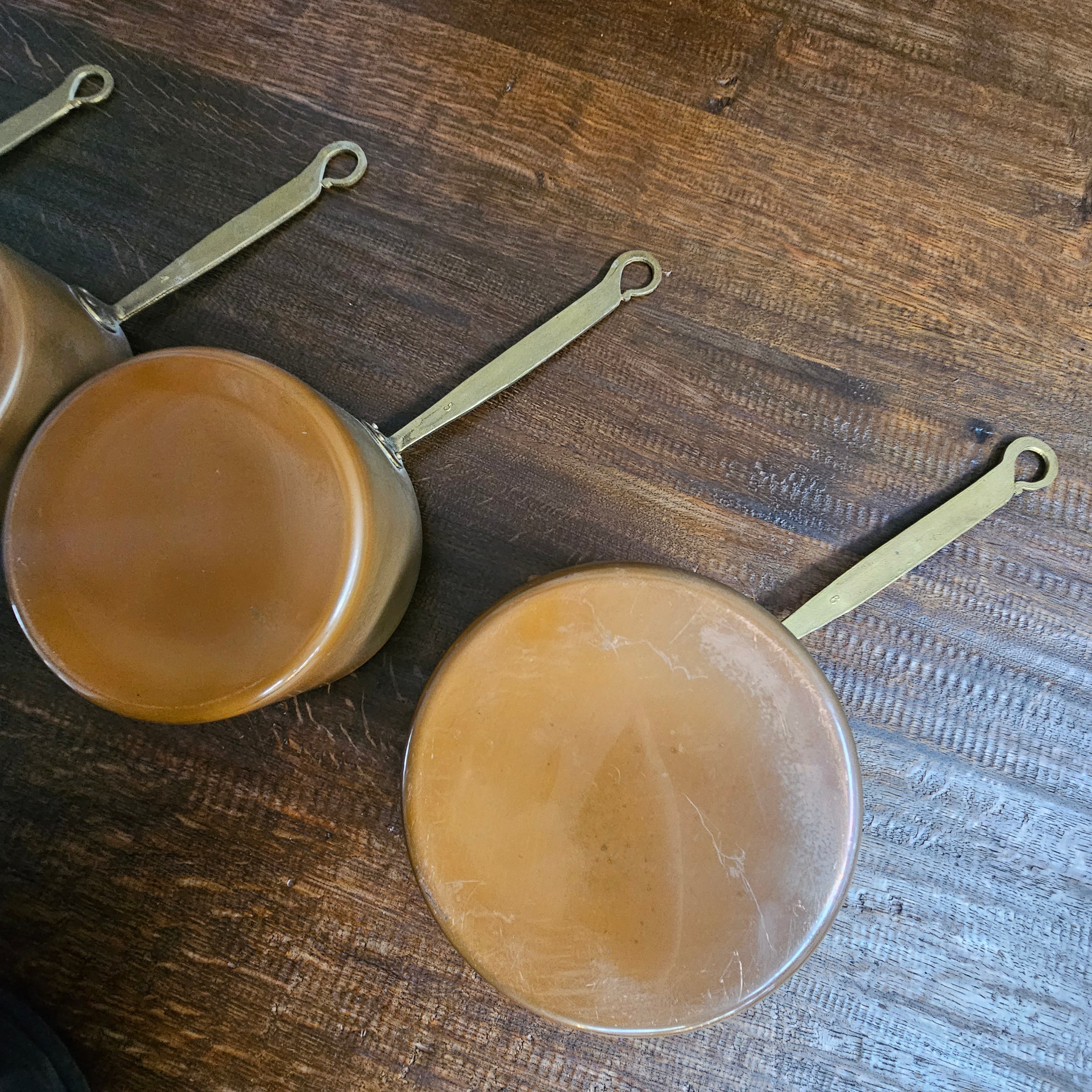 Set of Five French Copper Saucepans With Pouring Spout