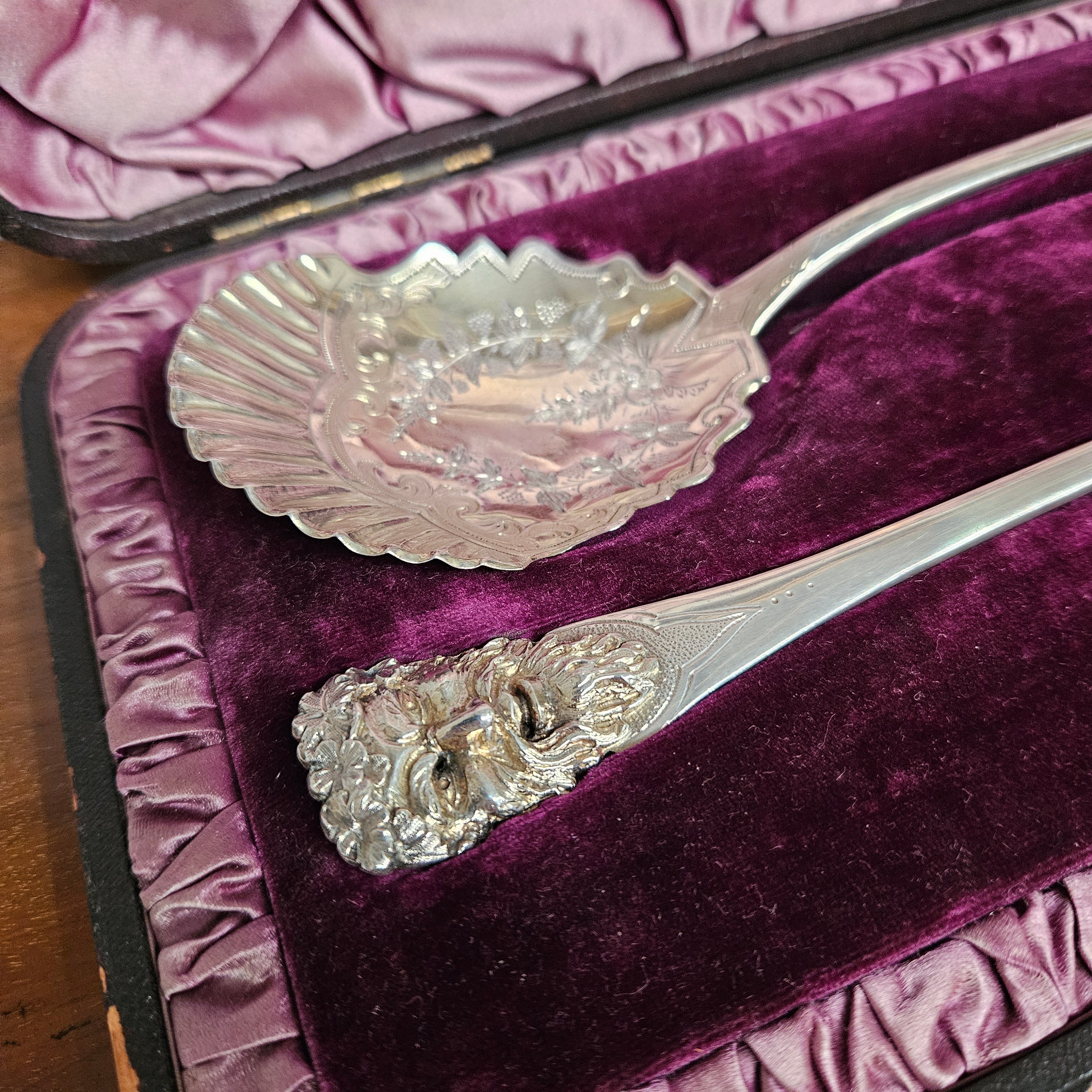 Superior Pair of Solid Silver Georgian Berry Serving Spoons in Case | Antique & Vintage | Moonee Ponds Antiques | Australia Wide