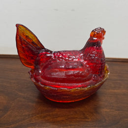 Vintage Amberina Glass Hen on Nest