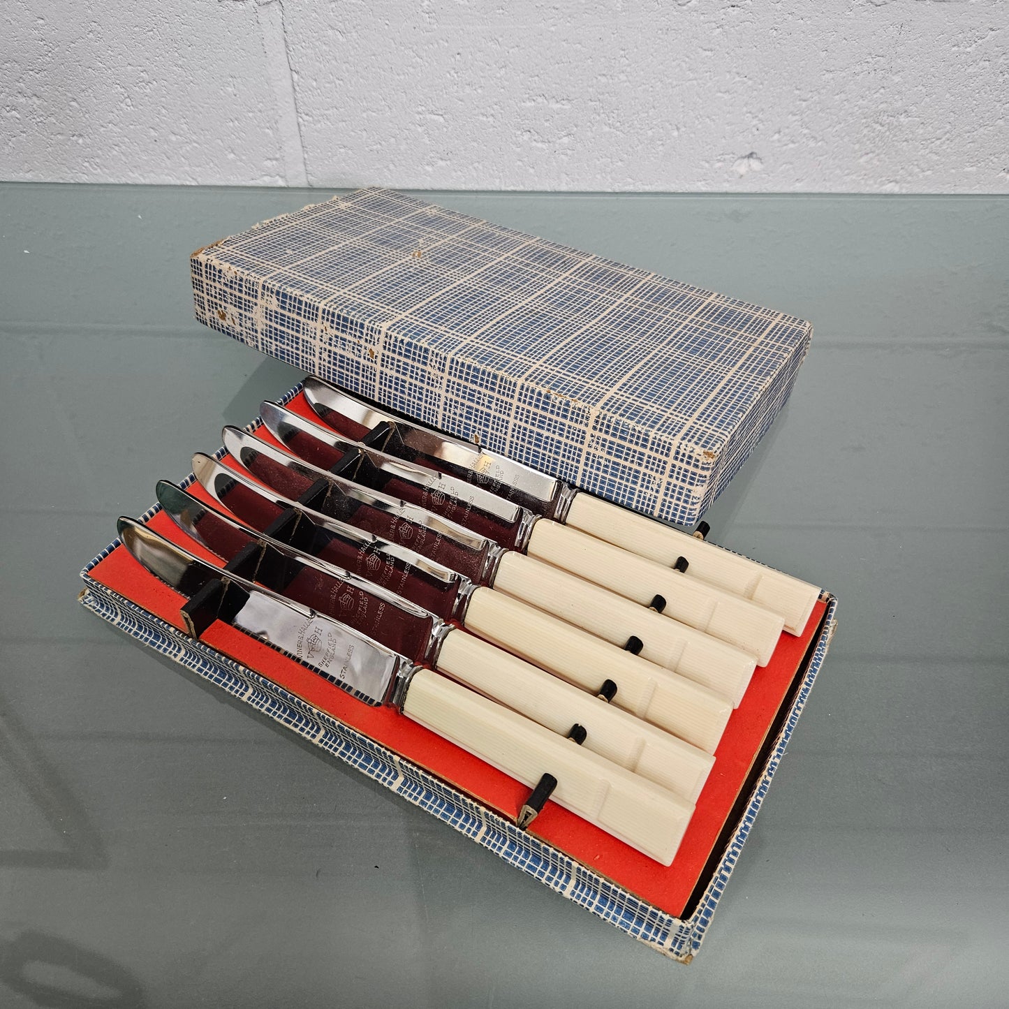 Six Vintage Viner & Hall Sheffield Faux Bone Handled Knives in Original Box