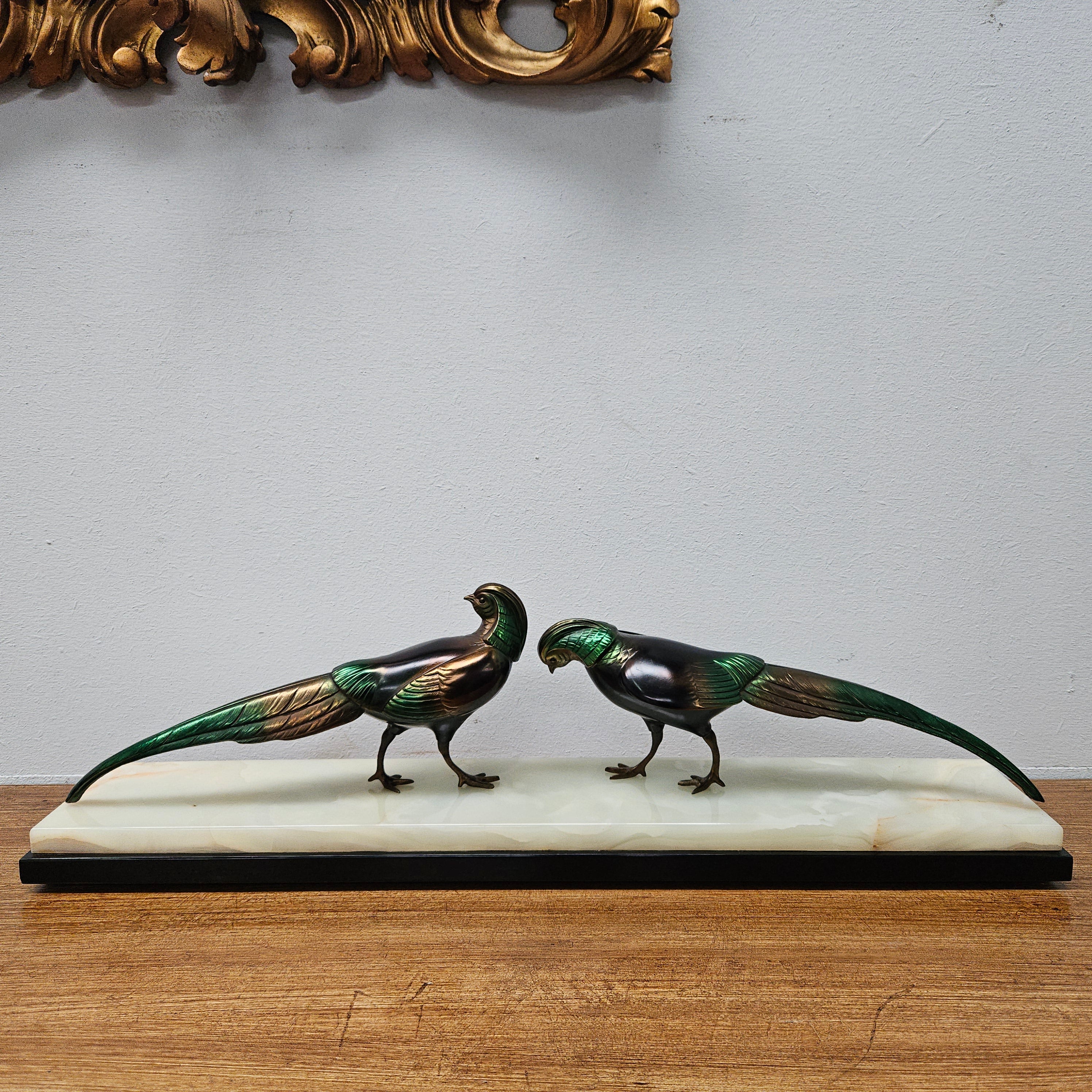 French Art Deco Pair Of Spelter Pheasants On A Marble Plinth | Antique & Vintage | Moonee Ponds Antiques | Australia Wide Delivery