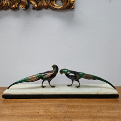 French Art Deco Pair Of Spelter Pheasants On A Marble Plinth | Antique & Vintage | Moonee Ponds Antiques | Australia Wide Delivery