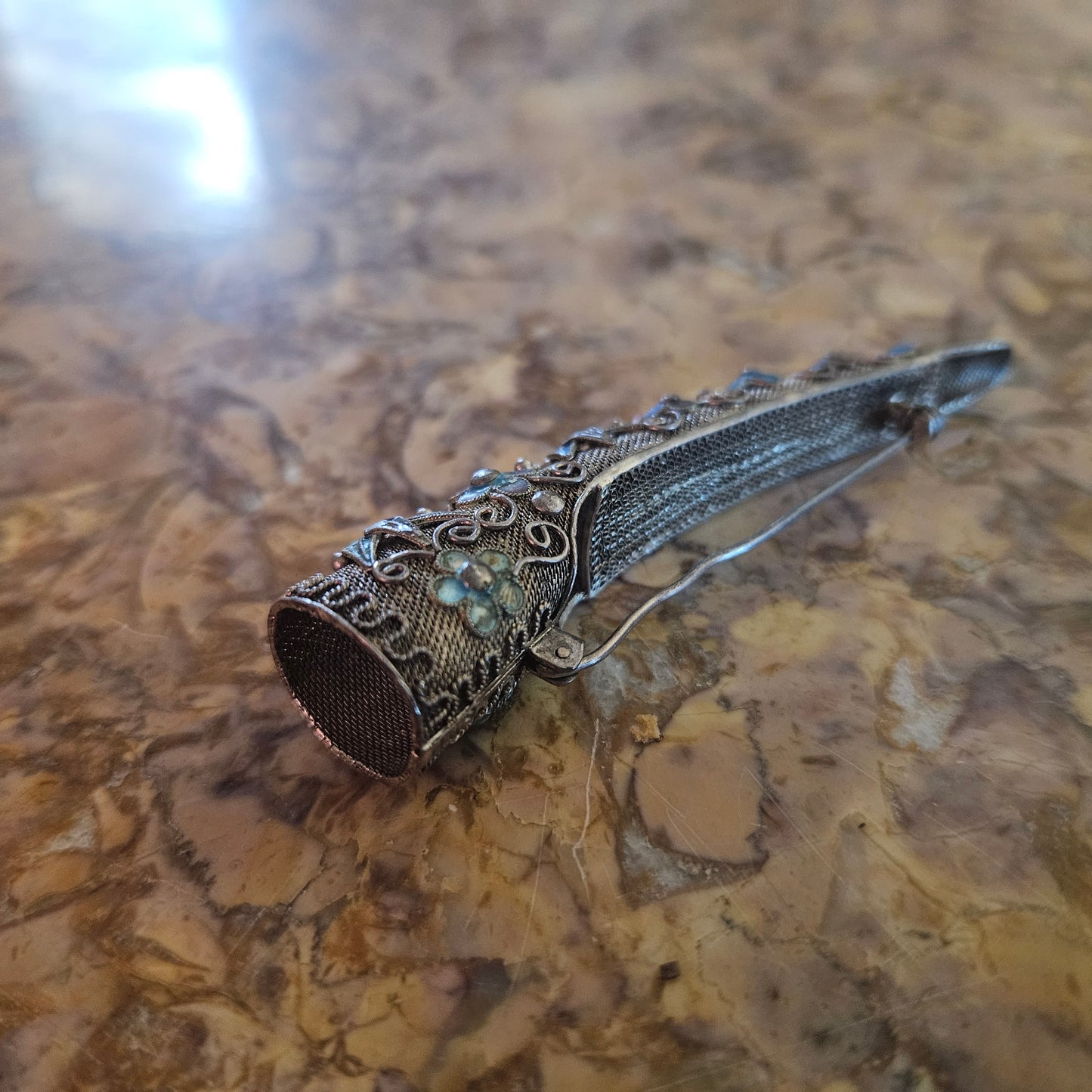 Antique Silver Filigree Chinese Finger Guard Brooch