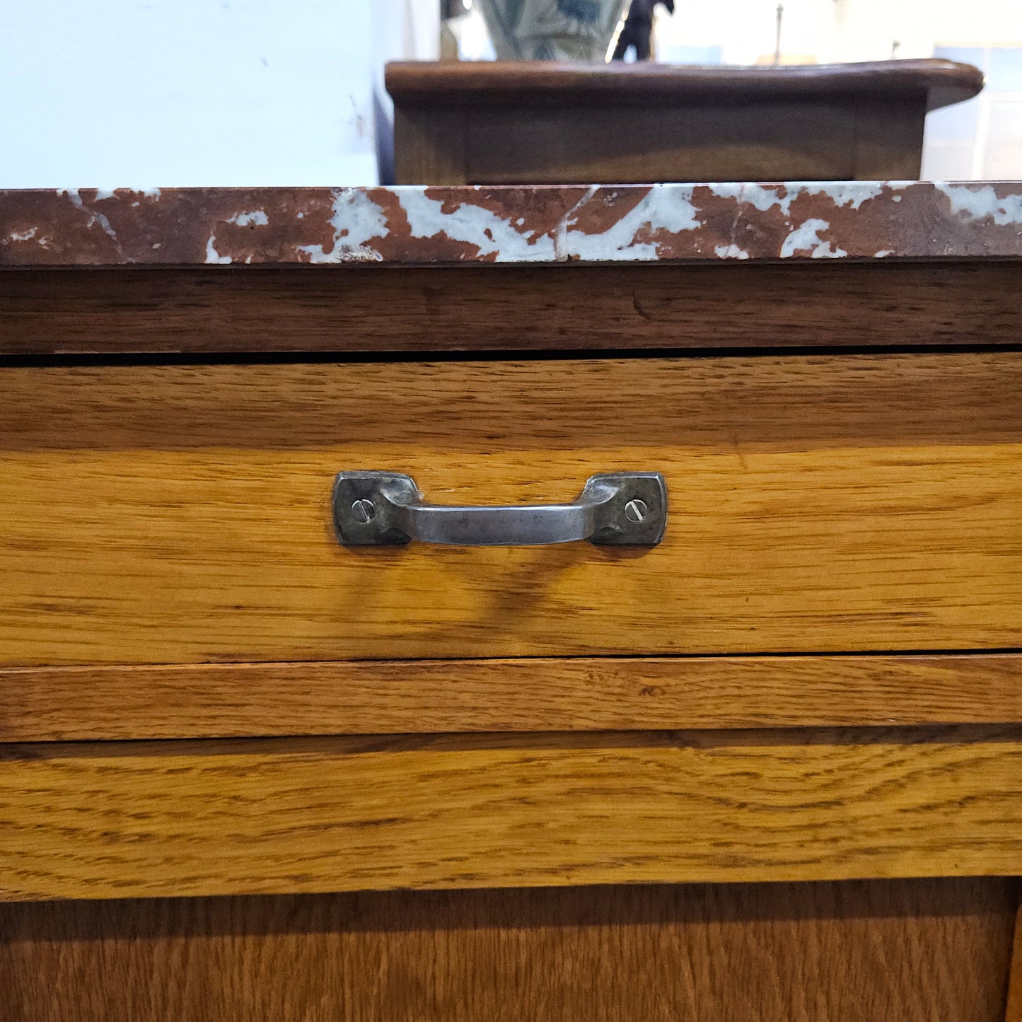 Compact Oak Marble Top Side Cabinet With Drawer