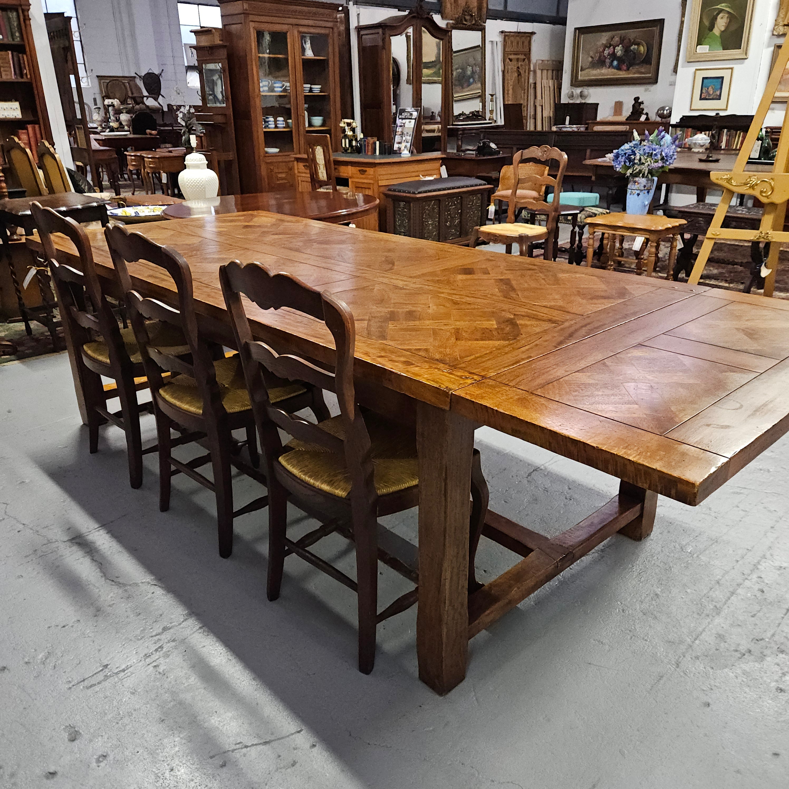 French Style Parquetry Top Fruit wood Farmhouse Extension Table | Antique & Vintage | Moonee Ponds Antiques | Australia Wide Delivery