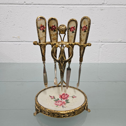 Vintage Five Piece Manicure Set On Stand