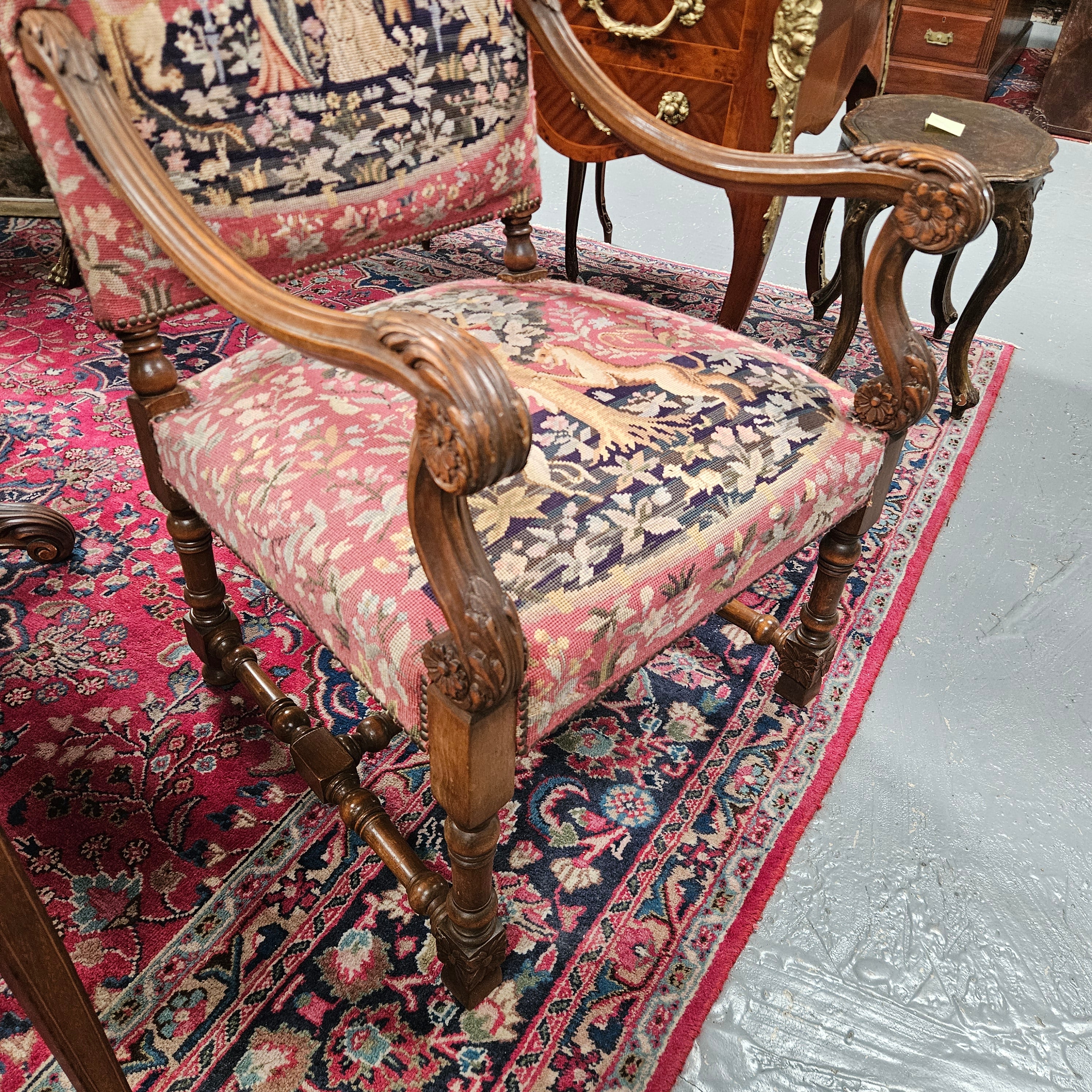 French 19th Century Walnut & Tapestry Fireside / Throne Chair | Antique & Vintage | Moonee Ponds Antiques | Australia Wide Delivery