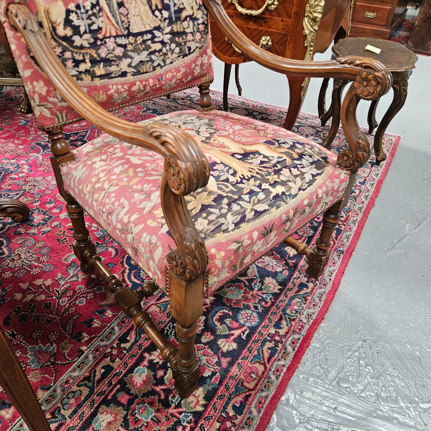 French 19th Century Walnut & Tapestry Fireside / Throne Chair