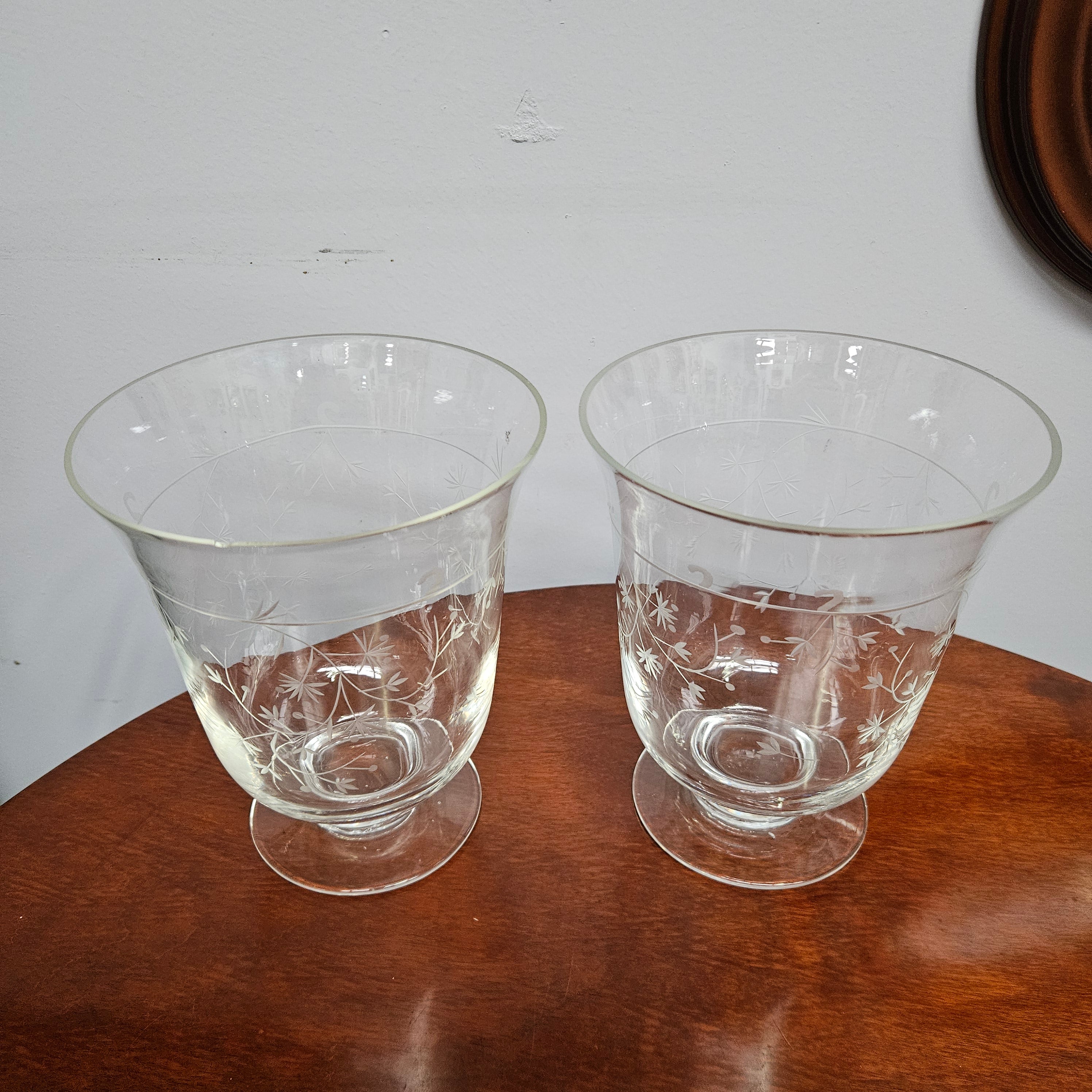 Pair Victorian Or Earlier Etched Glass Vases/Candle Holders