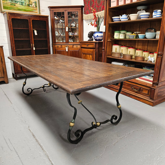 Vintage Elm Wood Spanish Style Refectory Table Wrought Iron Base