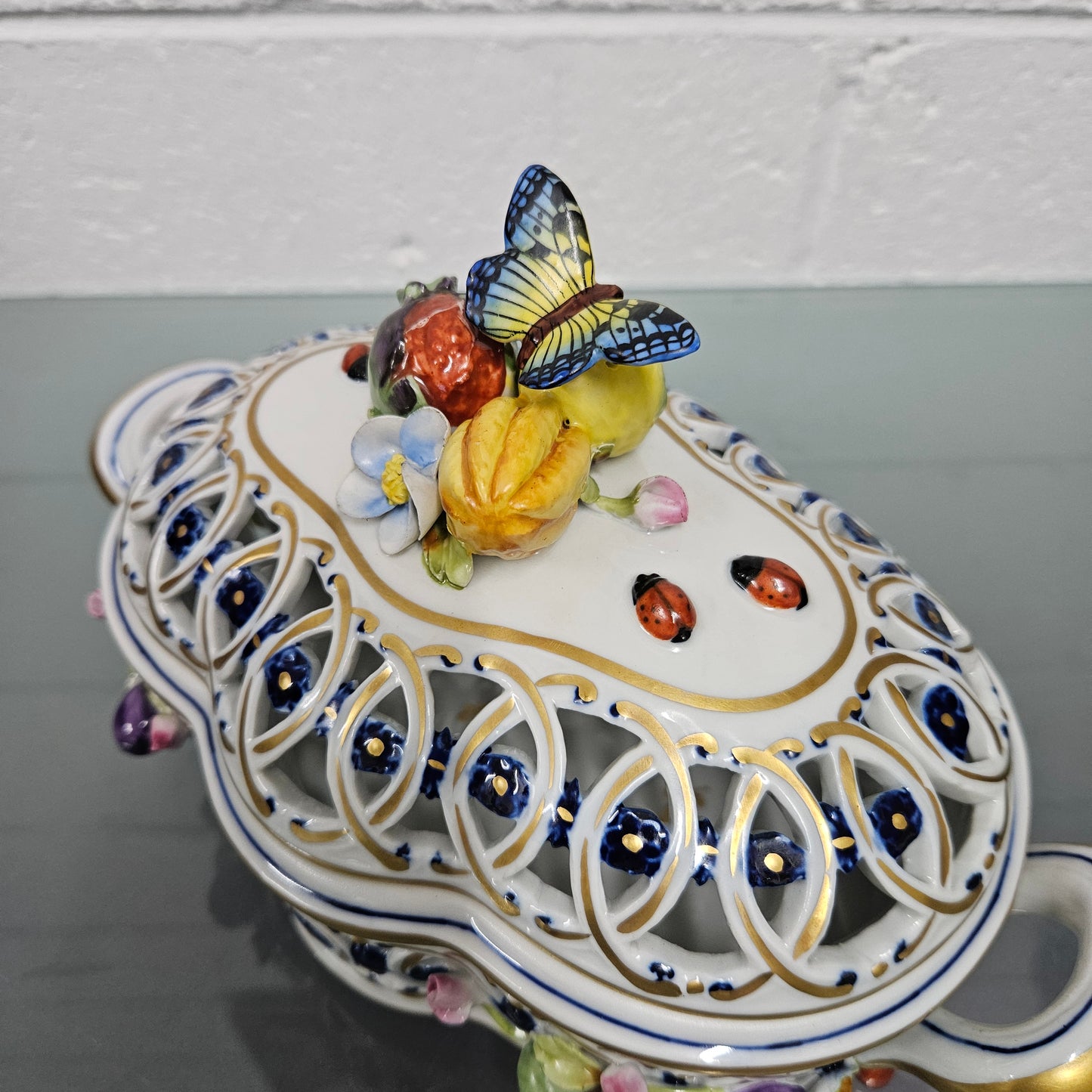 Vintage Servre Style Potpourri Holder With Fruit & Insects