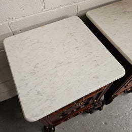 Pair of Louis XV Style White Marble Top Bedside Cabinets
