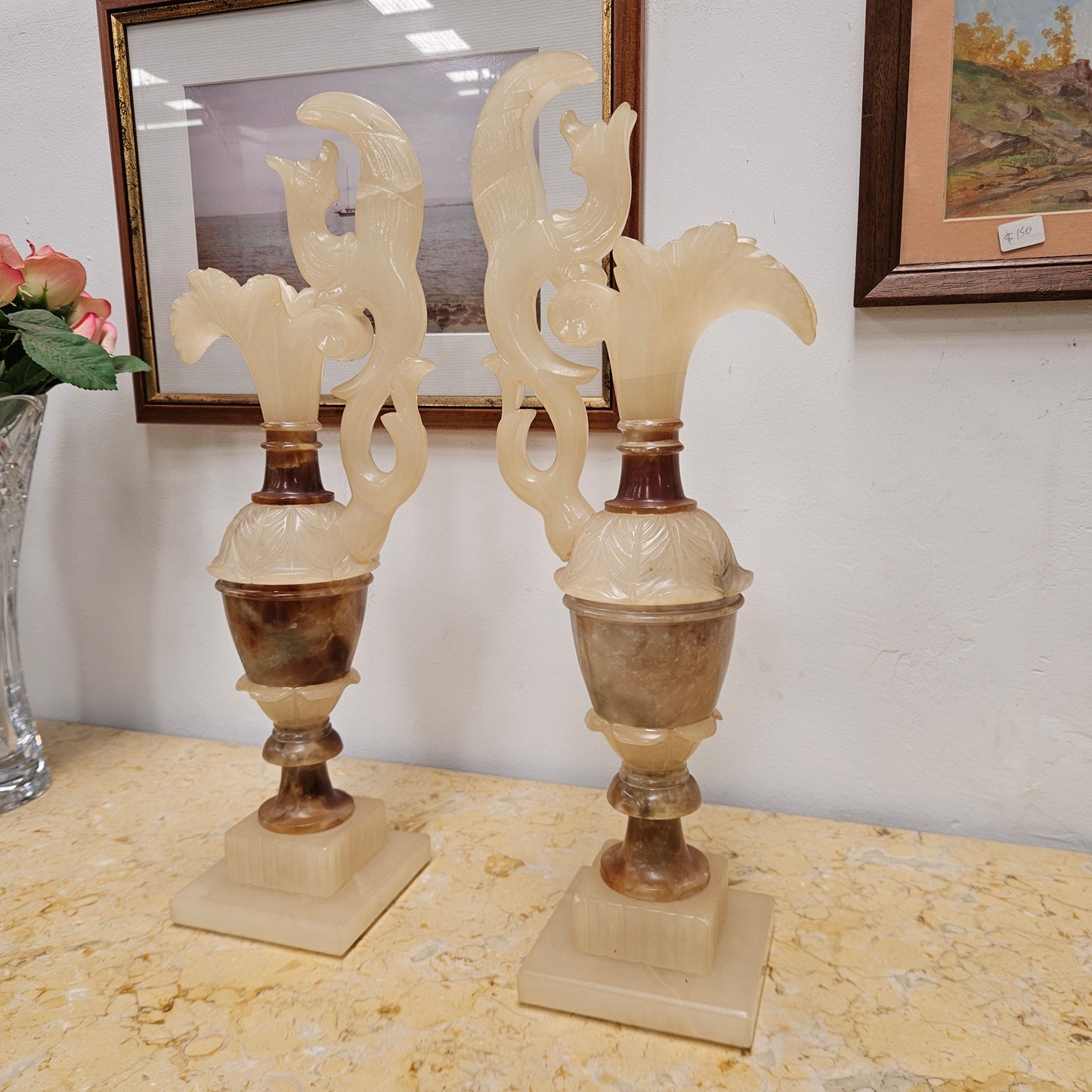 Antique Pair of Alabaster Urns