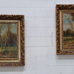 Sourced From France Oil on Board River Bank Scene In Ornate Gilt Frame