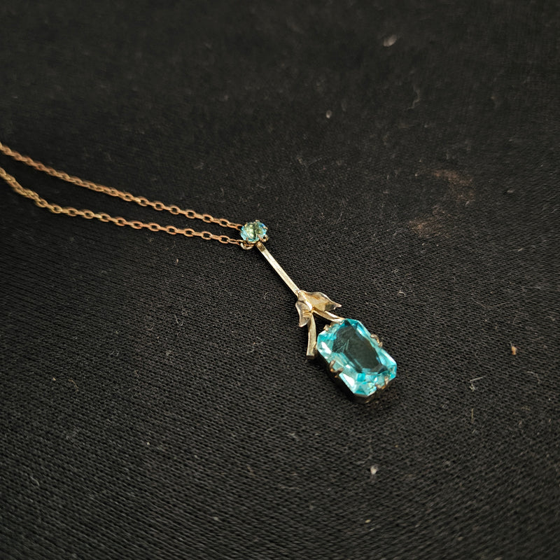 Edwardian 9ct Gold Silver Lined Aquamarine Pendant & Chain