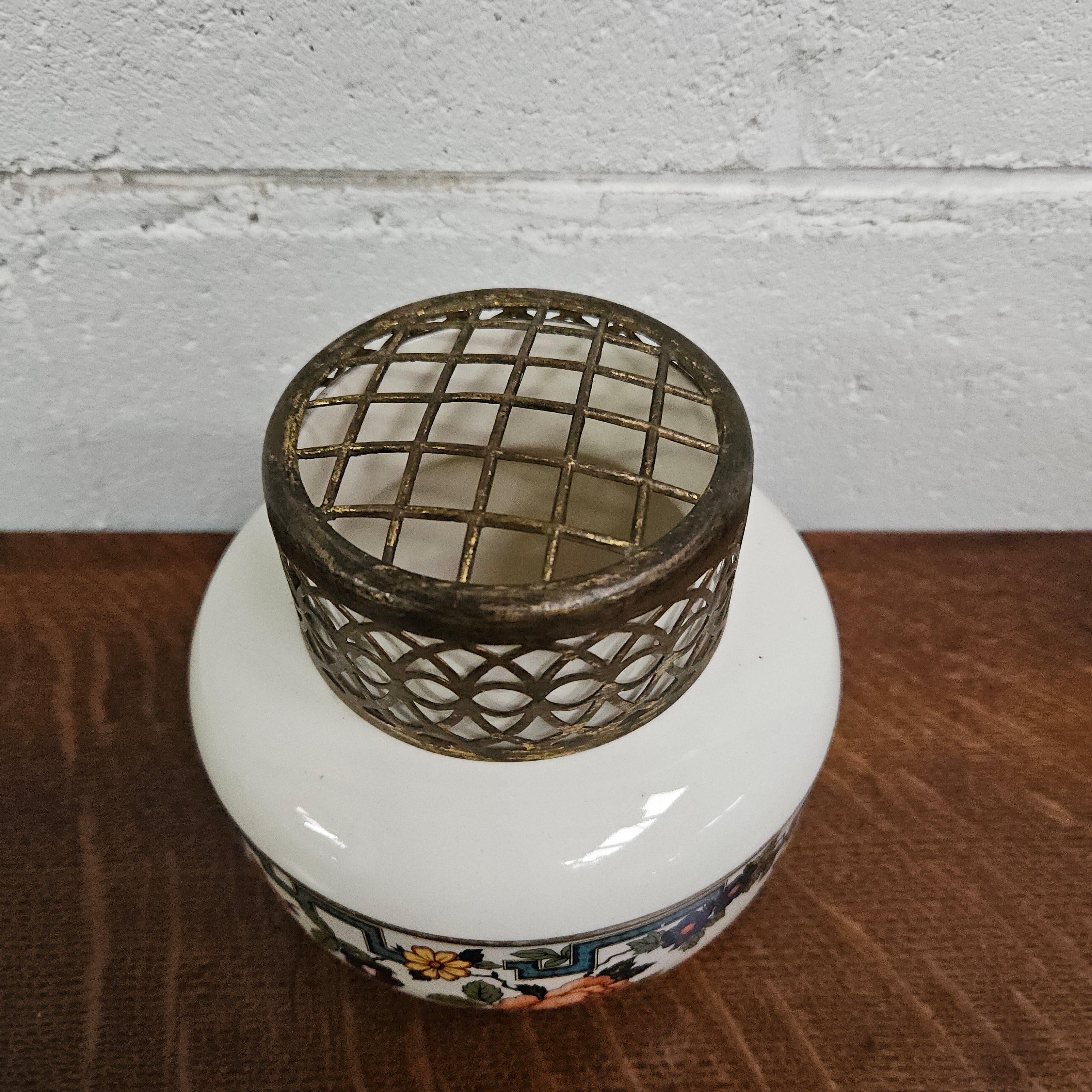 Falcon Ware Vase & Metal Floral Frog Top | Antique & Vintage | Moonee Ponds Antiques | Australia Wide Delivery