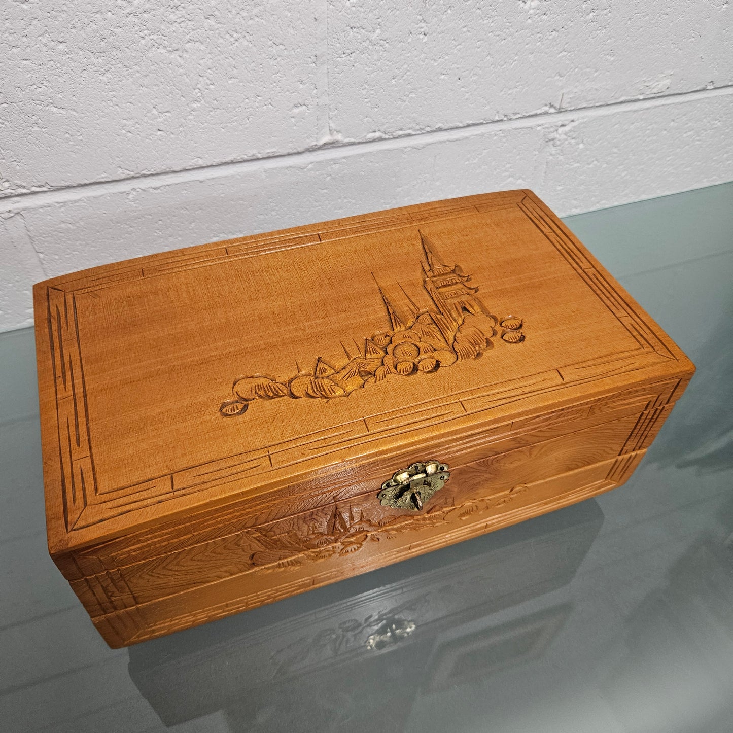 Vintage Chinese Maple Jewellery Box With Hand Carvings