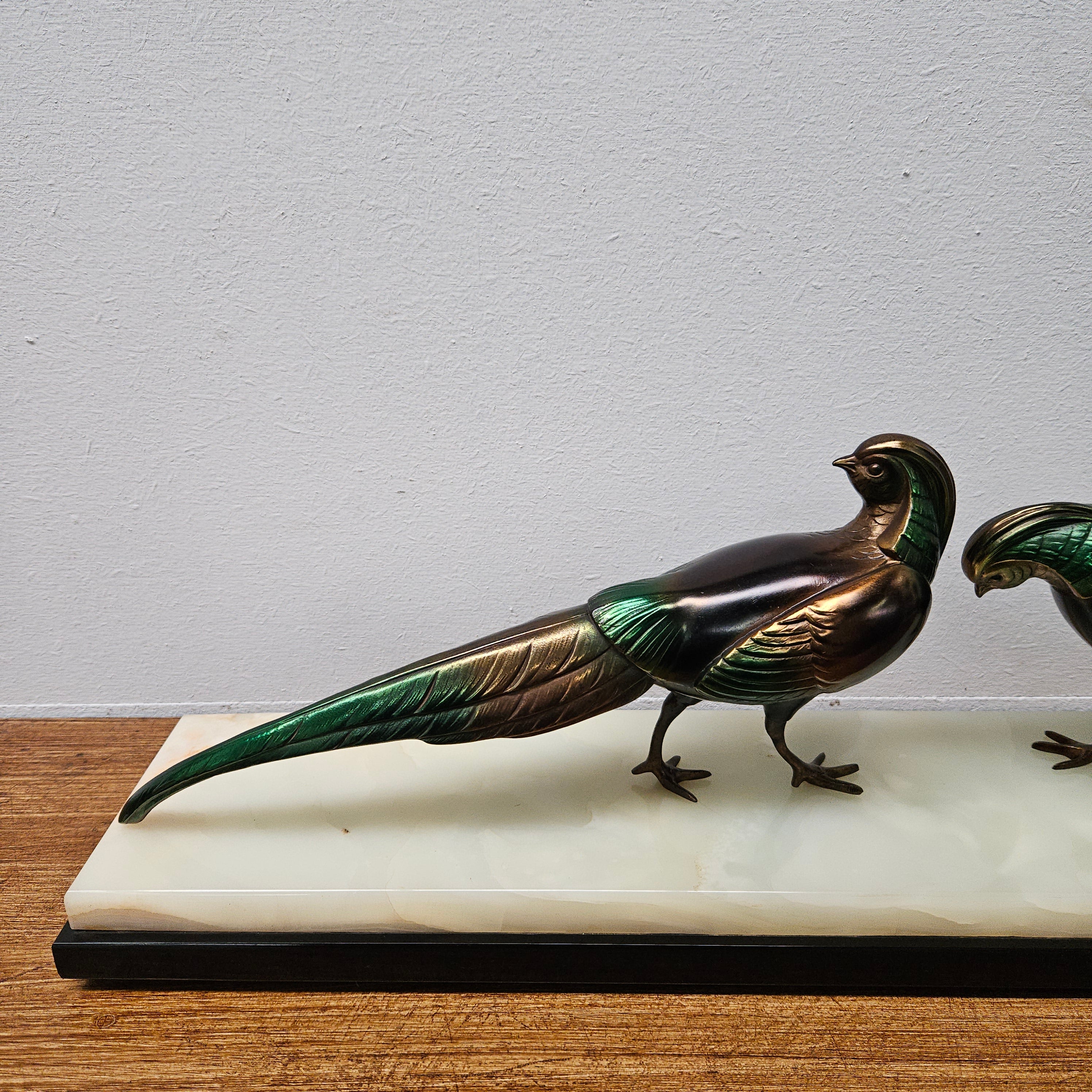 French Art Deco Pair Of Spelter Pheasants On A Marble Plinth | Antique & Vintage | Moonee Ponds Antiques | Australia Wide Delivery
