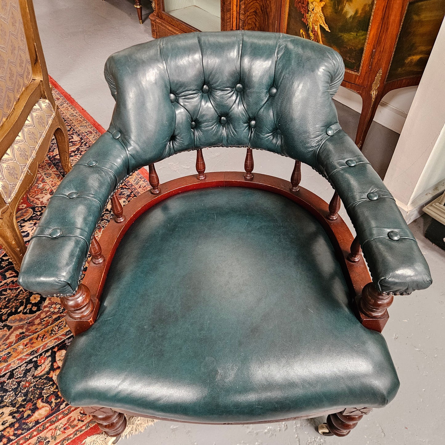 Antique Mahogany Leather Upholstered Captain / Office Chair