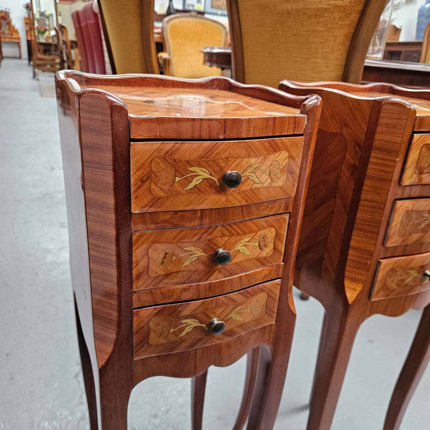 Miniature Pair of Marquetry Inlaid Louis XV Style Bedsides