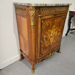 French Walnut Louis XV Style Marble Top Marquetry Inlaid Side Cabinet