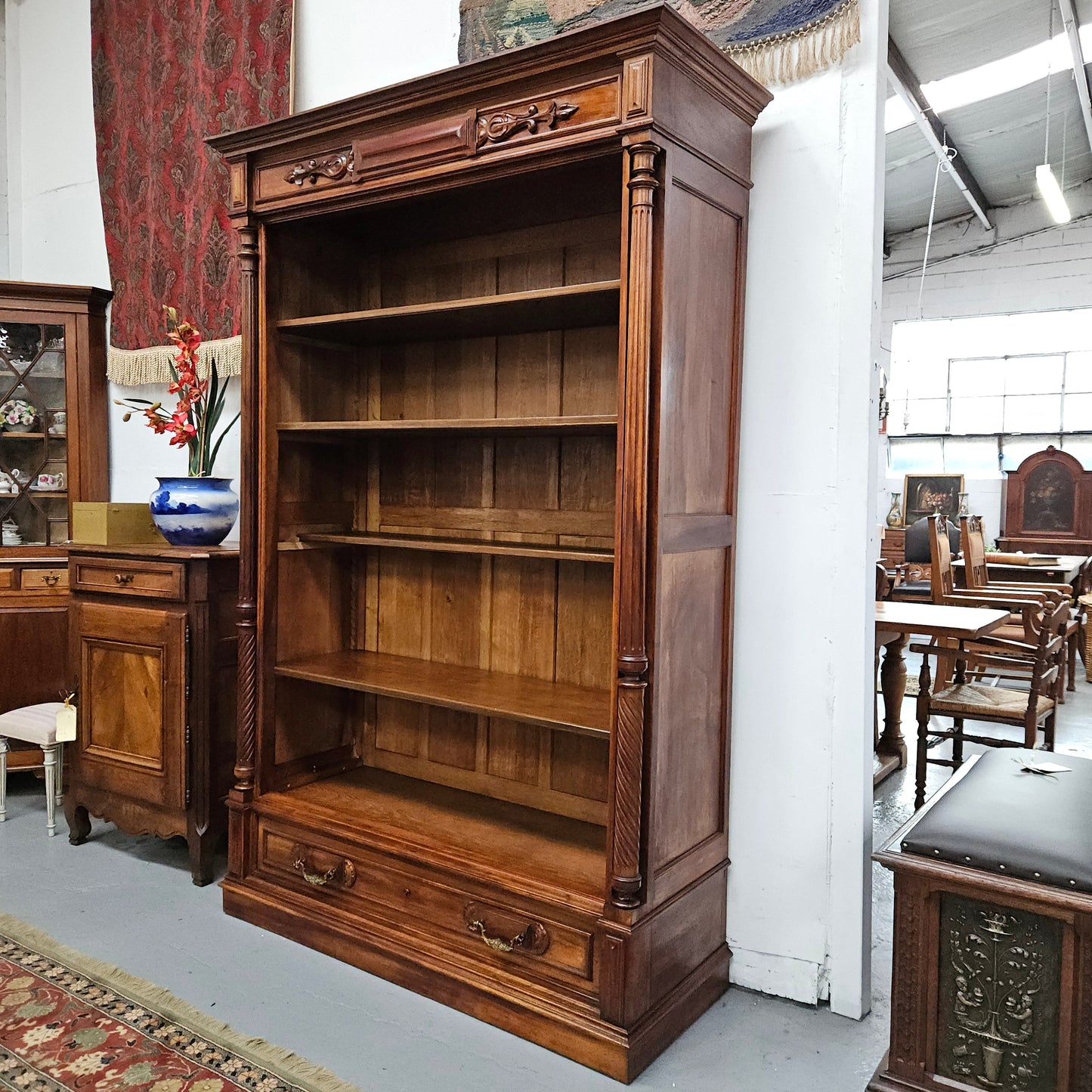 Henry 2nd Style 19th Century Walnut Open Bookcase With Drawer