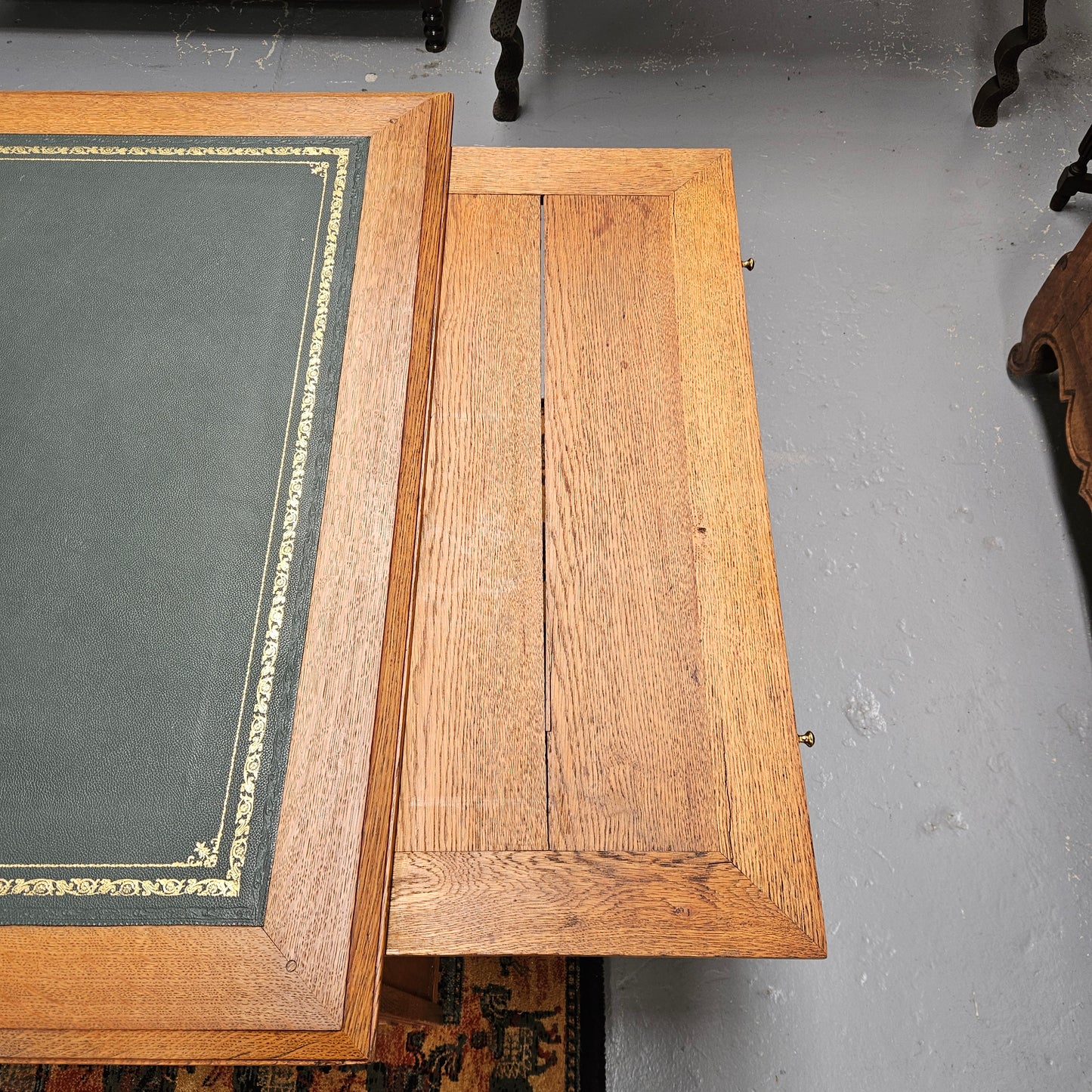 French Oak Art Deco Full Partners Desk With Leather Top