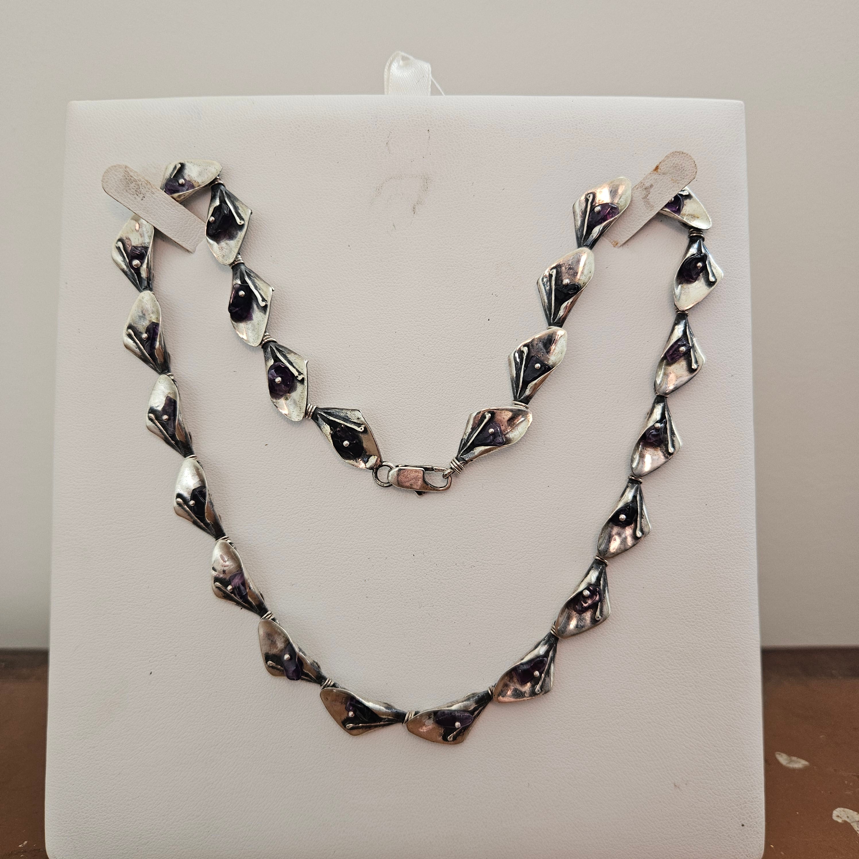 Vintage Sterling Silver Leaf Link And Amethyst Necklace