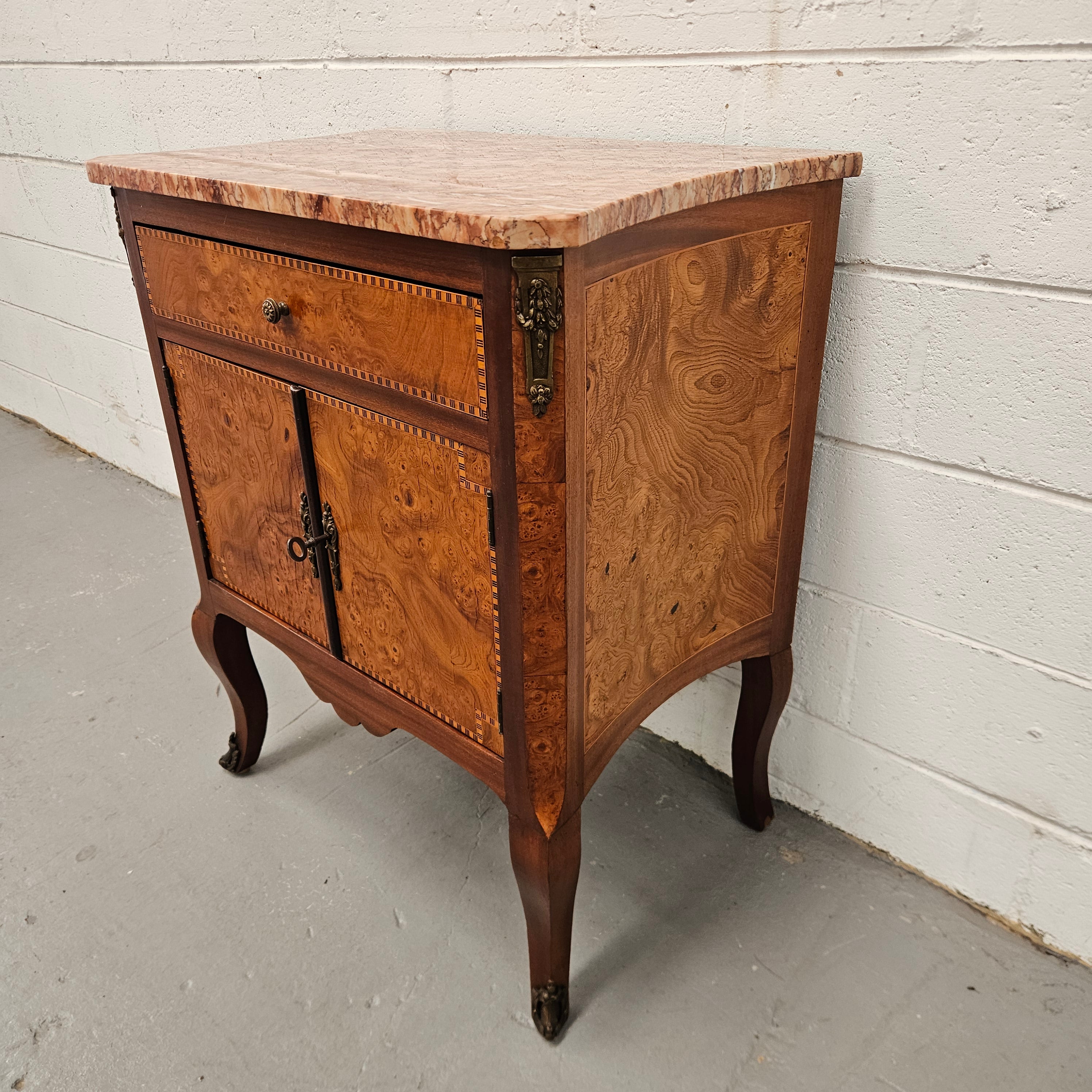 French Burr Walnut & Walnut Marble Top Side Cabinet | Antique & Vintage | Moonee Ponds Antiques | Australia Wide
