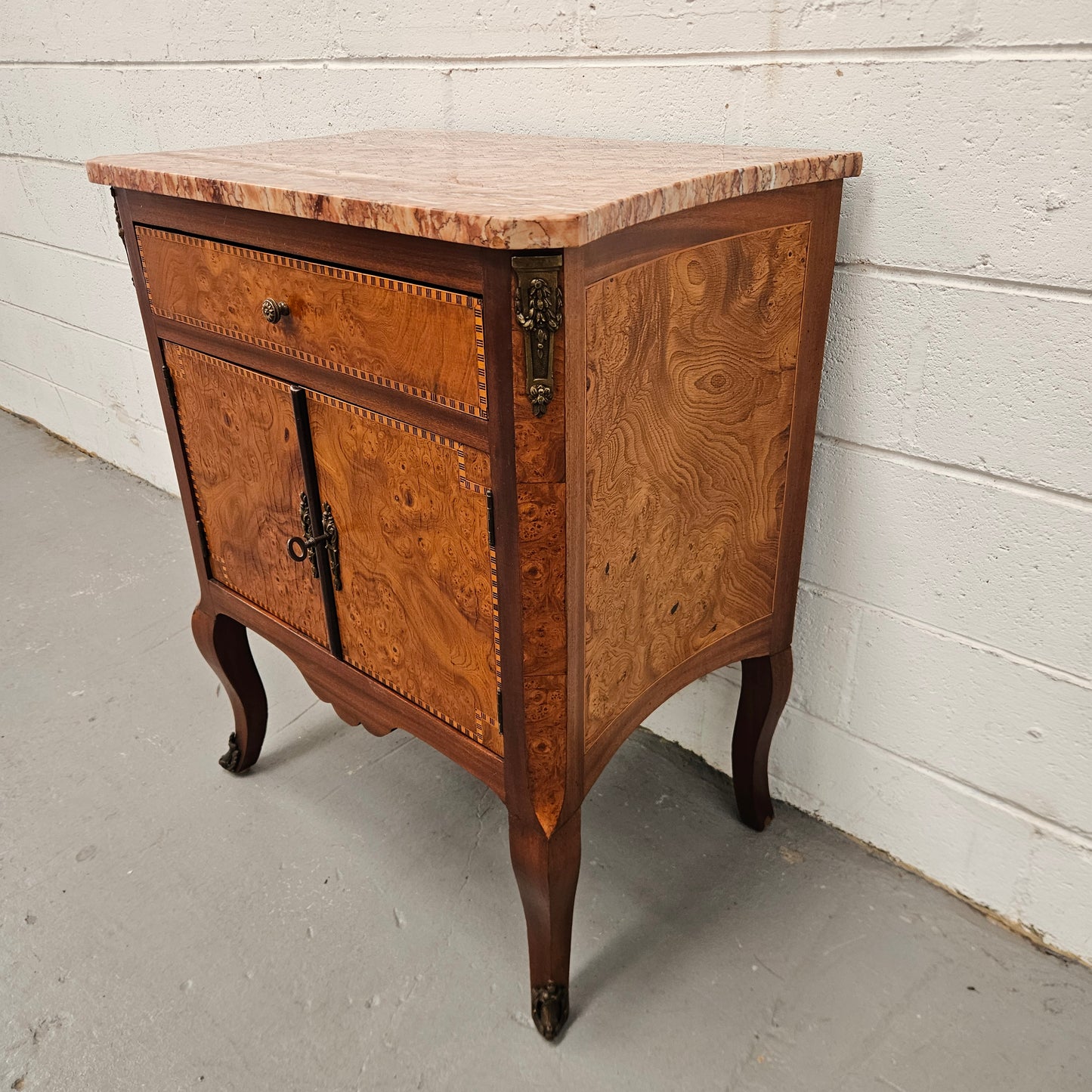 French Burr Walnut & Walnut Marble Top Side Cabinet