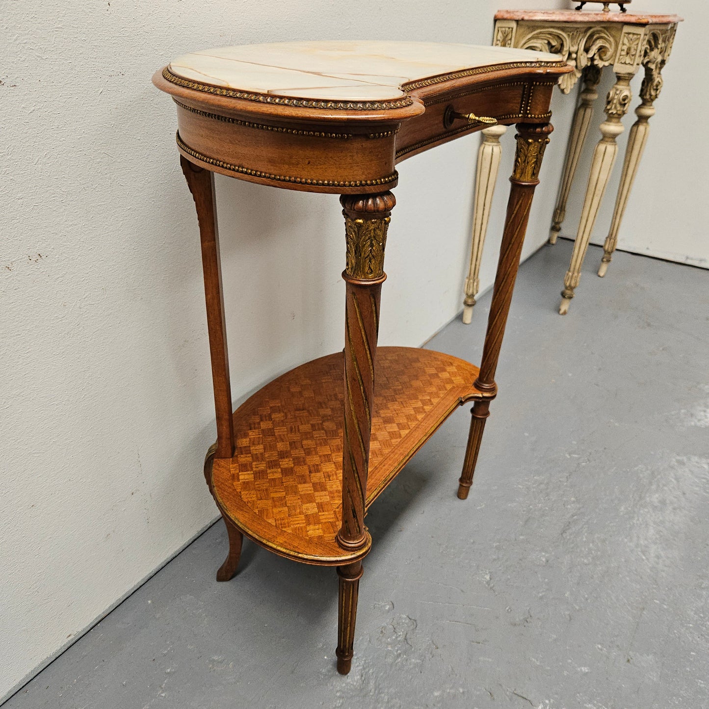 Louis XVIth Style Kidney Shape, Marble Top, Ormolu Trim Side Table