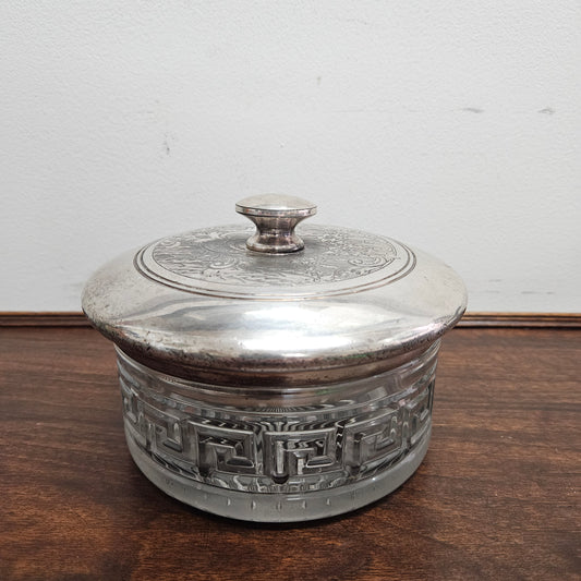 Unusual Victorian Vanity Glass Container with "Greek Key Pattern to Base" with a Silver Lid & Internal Mirror