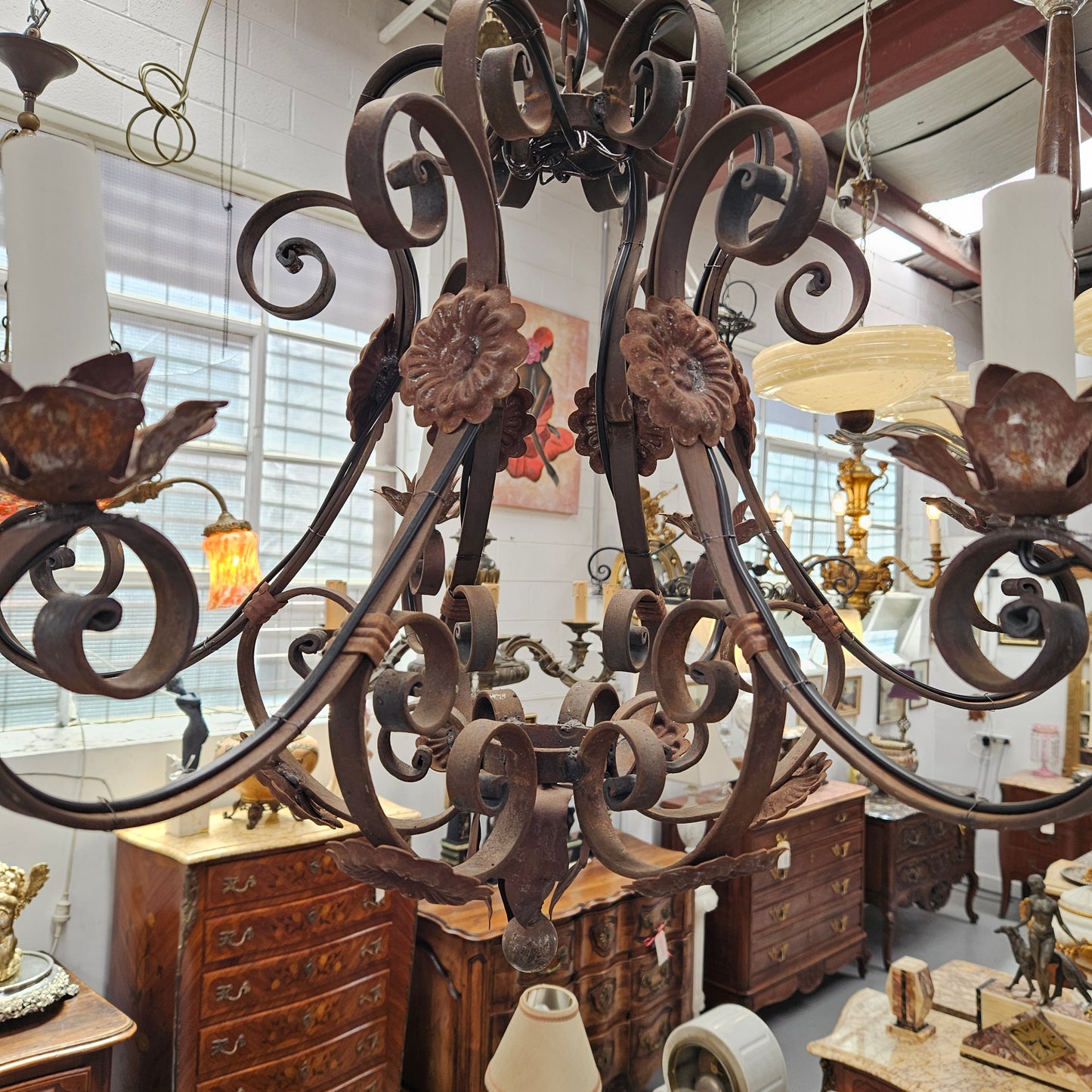 Rustic French Cast Iron Six Arm Chandelier