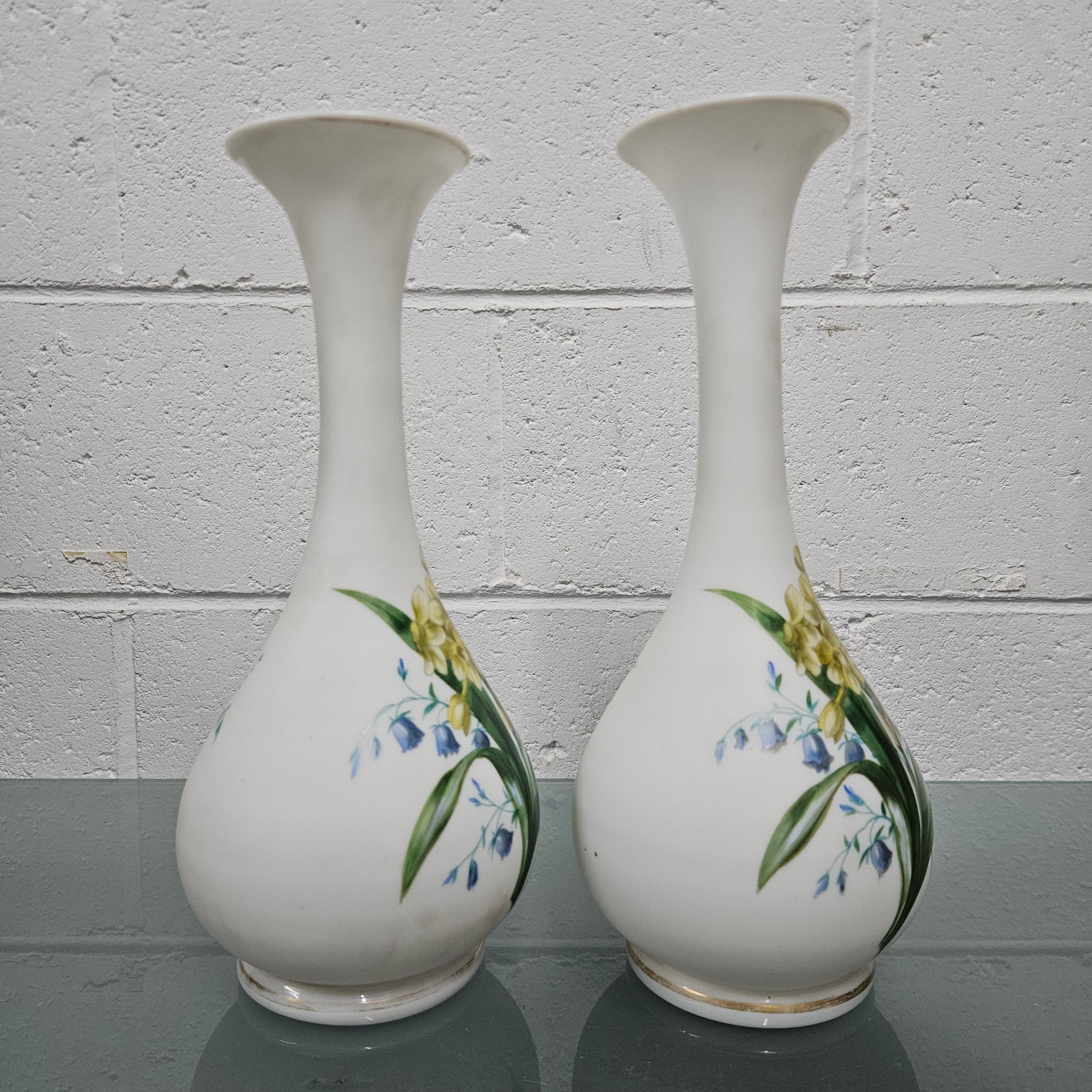 Pair Of Hand Painted Antique Milk Glass Vases Featuring Daffodils | Antique & Vintage | Moonee Ponds Antiques | Australia Wide Delivery