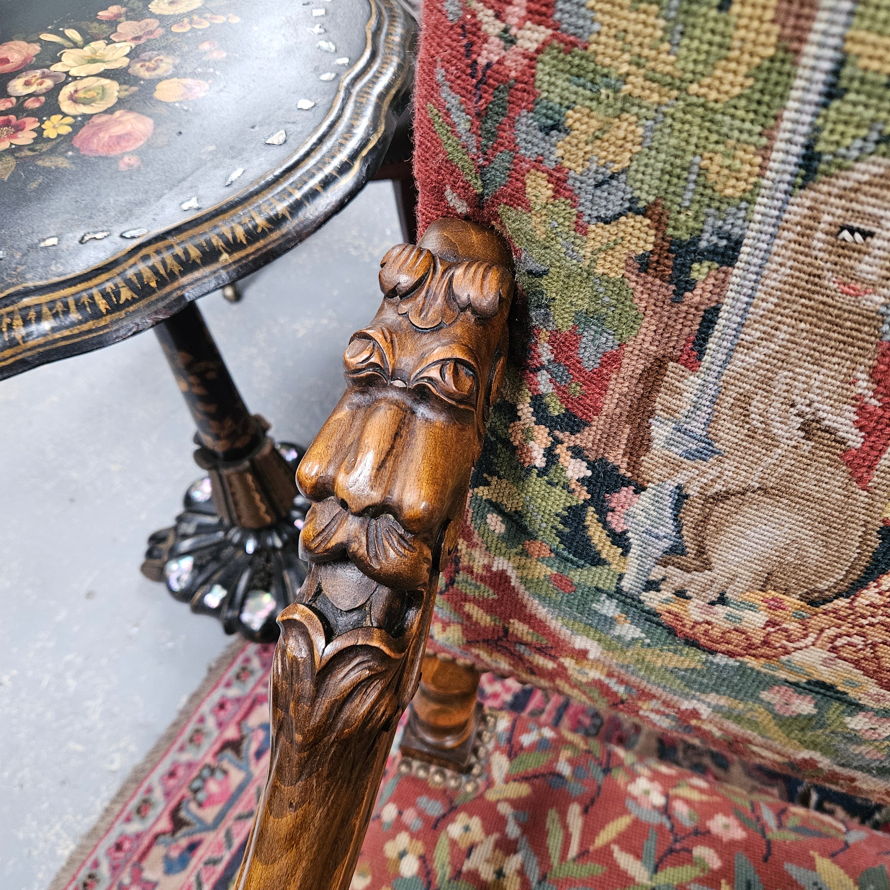 19th Century French Carved Walnut & Tapestry Fireside/Throne Chair | Antique & Vintage | Moonee Ponds Antiques | Australia Wide Delivery