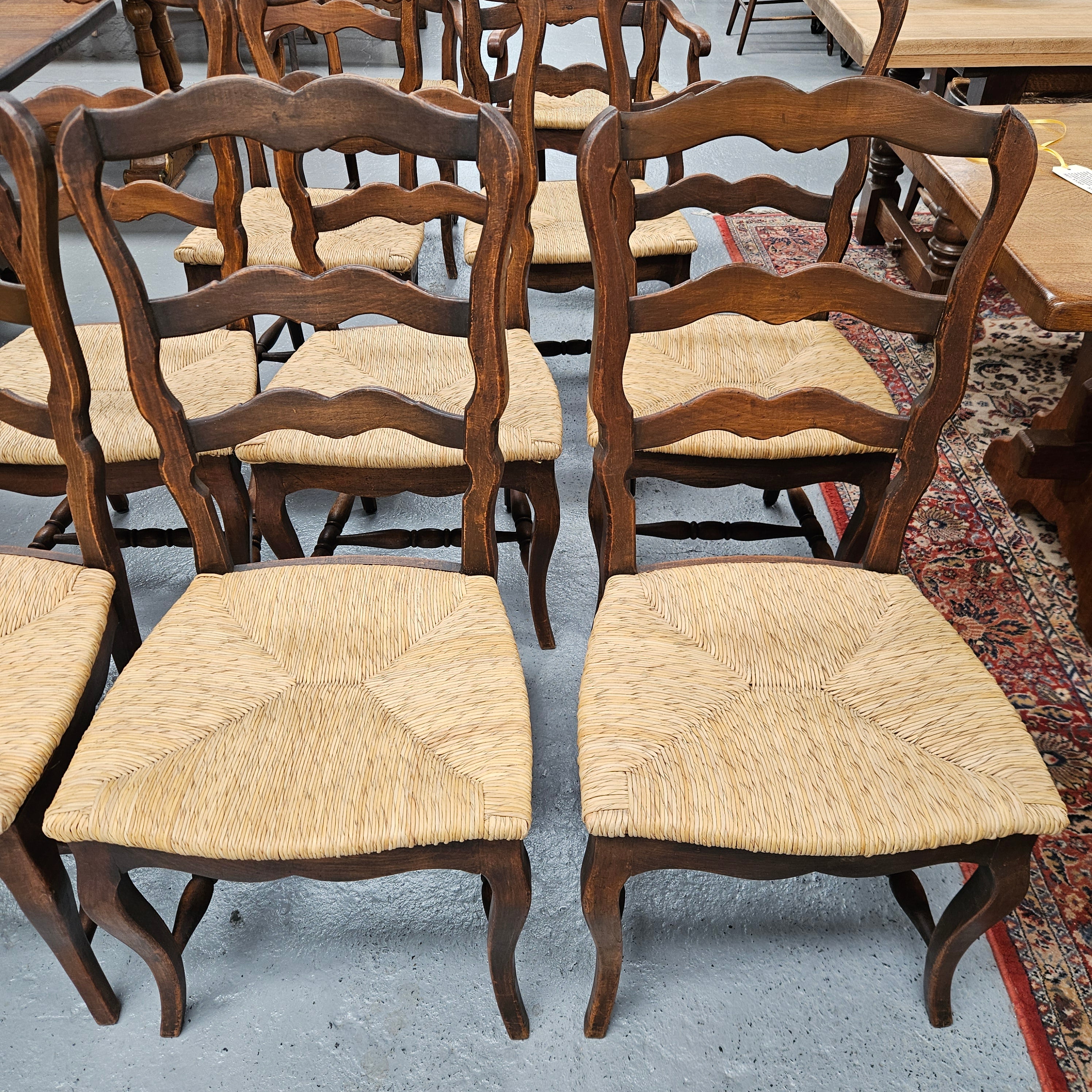 Set of Ten French Oak Rush Seats 8 Dining Chairs & 2 Carvers | Antique & Vintage | Moonee Ponds Antiques | Australia Wide Delivery