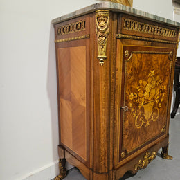 French Walnut Louis XV Style Marble Top Marquetry Inlaid Side Cabinet