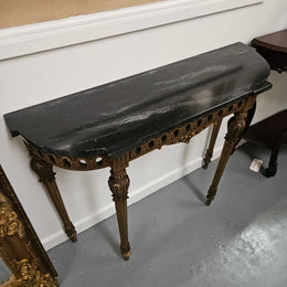 French Louis 16th Style Gilt & Black Marble Top Console Table