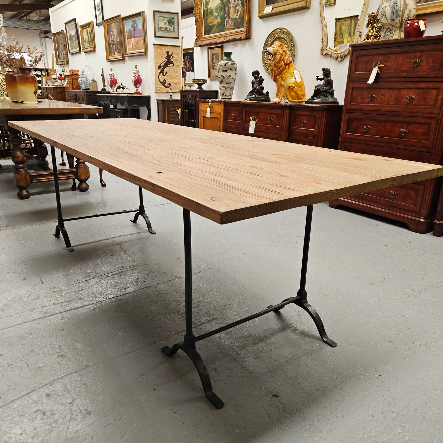 Trestle Dining Table With Reclaimed Pine Top And Antique Wishbone Industrial Iron Legs