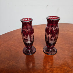 Pair Of Vintage Ruby & Etched Miniature Glass Vase