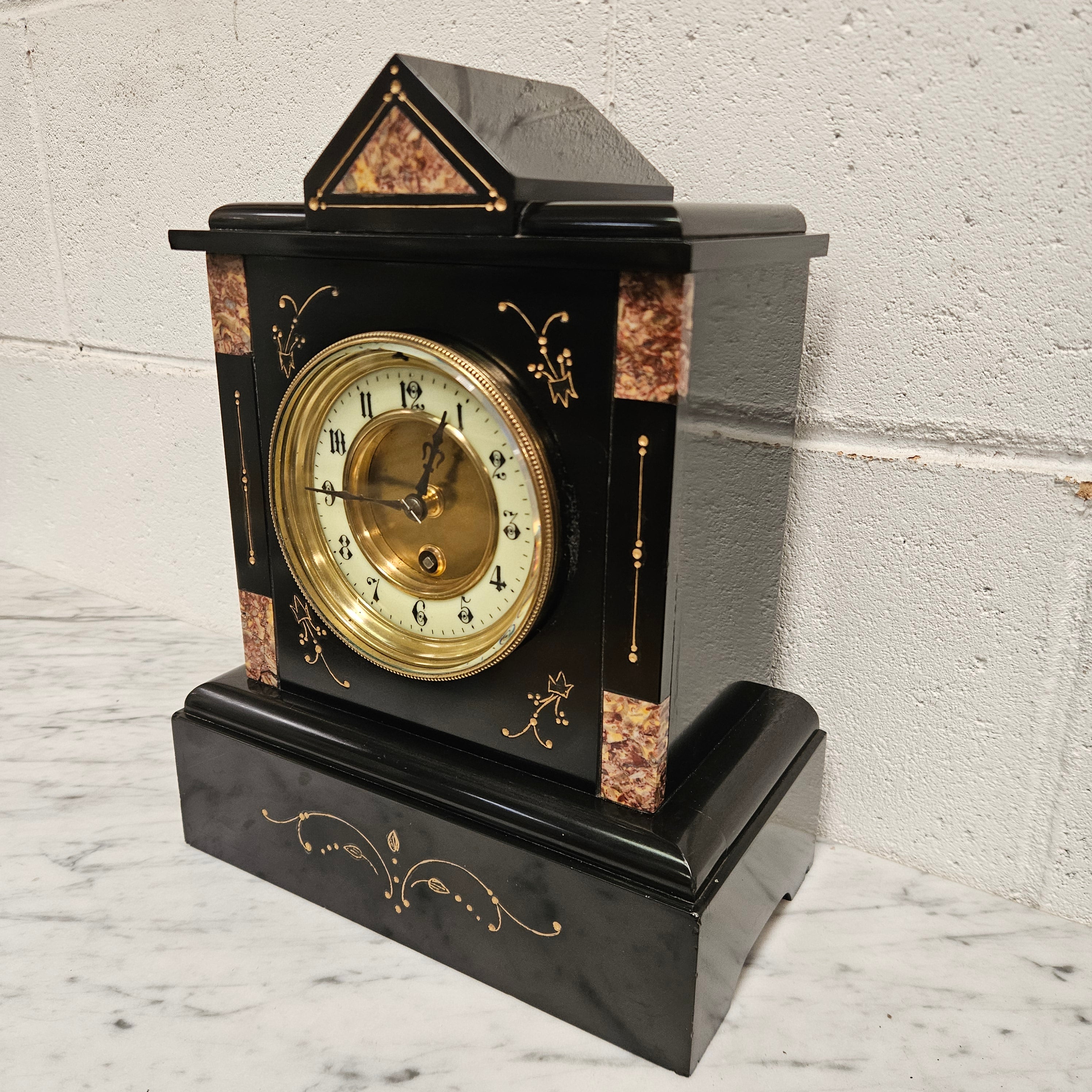 French Inlaid Marble Time Piece Clock Fully Serviced