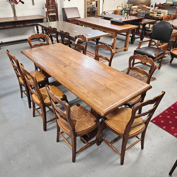 Fabulous French Oak pedestal refectory table. It comfortably fits 6-8 people and is in good original detailed condition. It has been sourced from France and is made from solid French Oak.