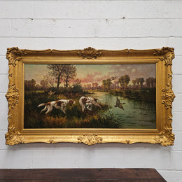 Sourced from France we have a beautiful signed oil on canvas "hunting scene" painting. In a decorative gilt frame and in good original condition. Please see photos as they form part of the description and condition.