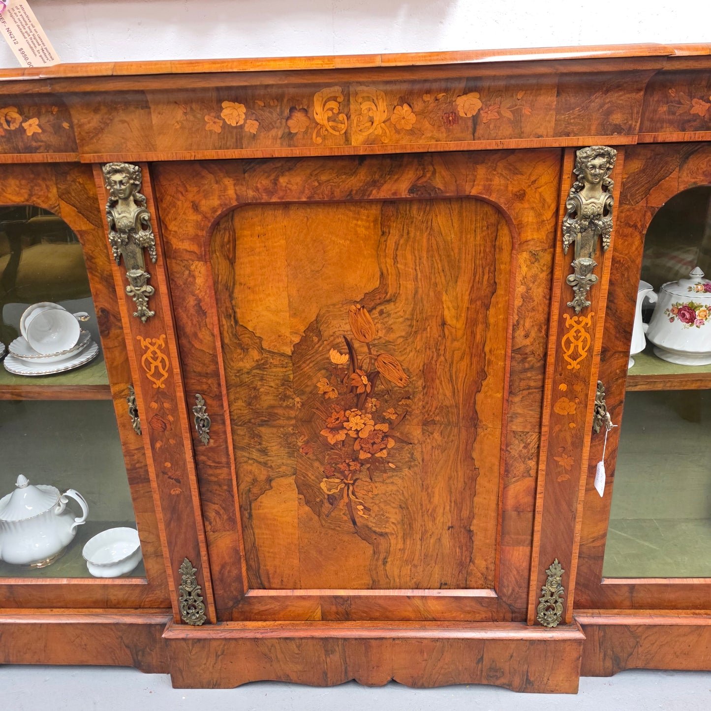 Outstanding Burr Walnut & Marquetry Antique Bookcase Credenza