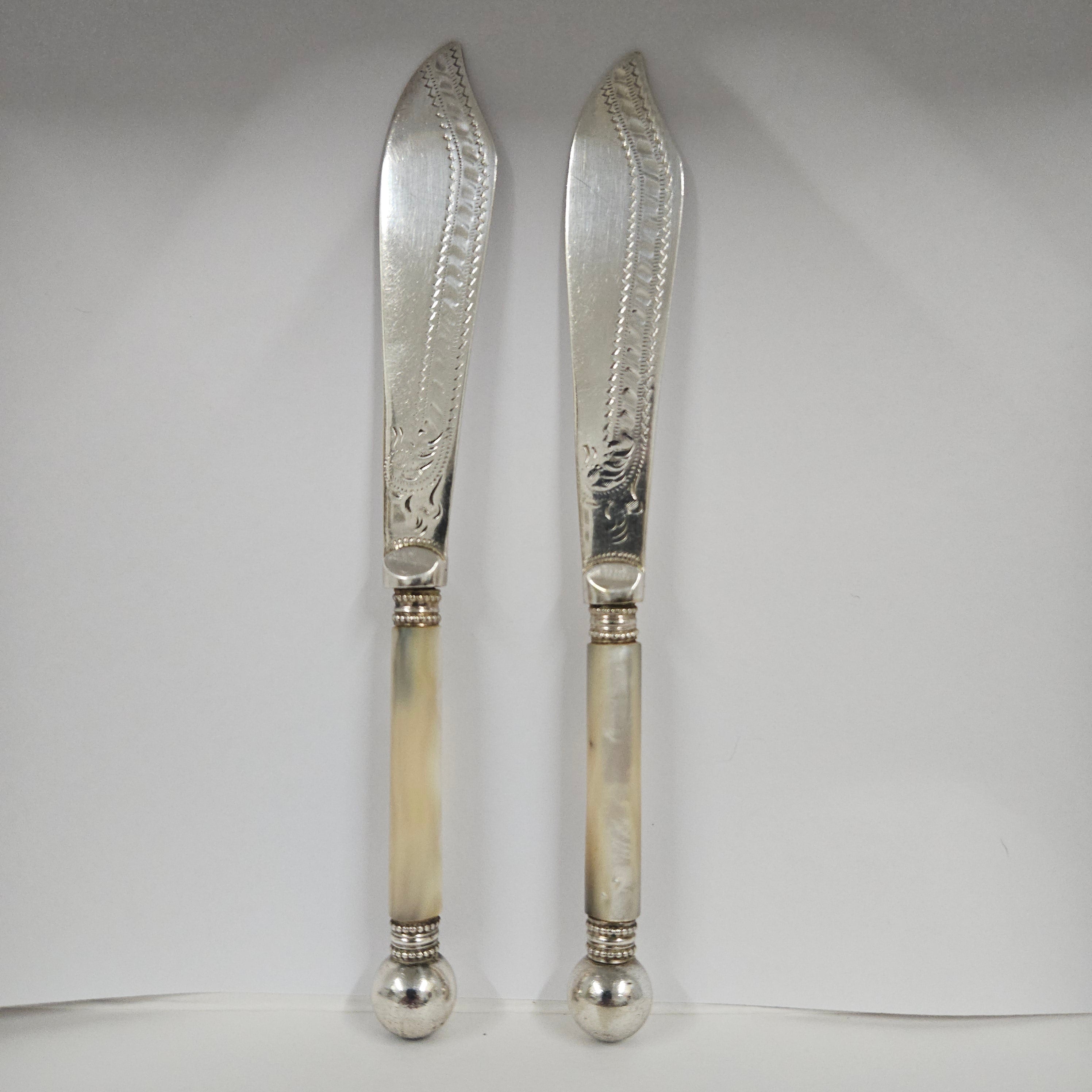 Pair Antique Mother Of Pearl & Silver Plate Butter Knives | Antique & Vintage | Moonee Ponds Antiques | Australia Wide Delivery