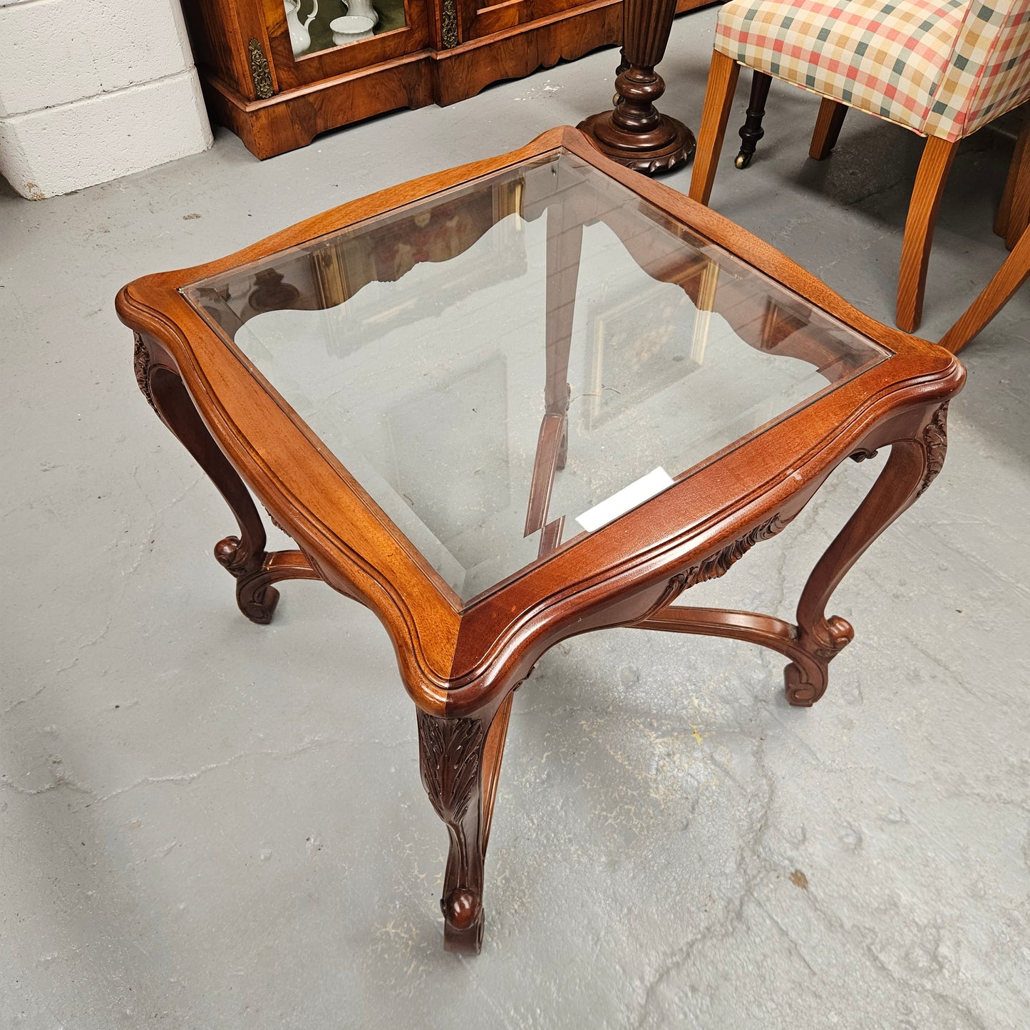 Vintage Mahogany Glass Top Coffee / Side Table Rococo Style