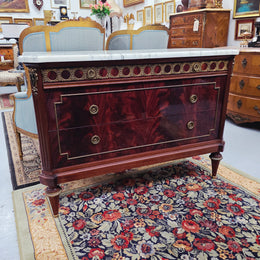 French Louis XVI Style Flame Mahogany Marble Top Commode