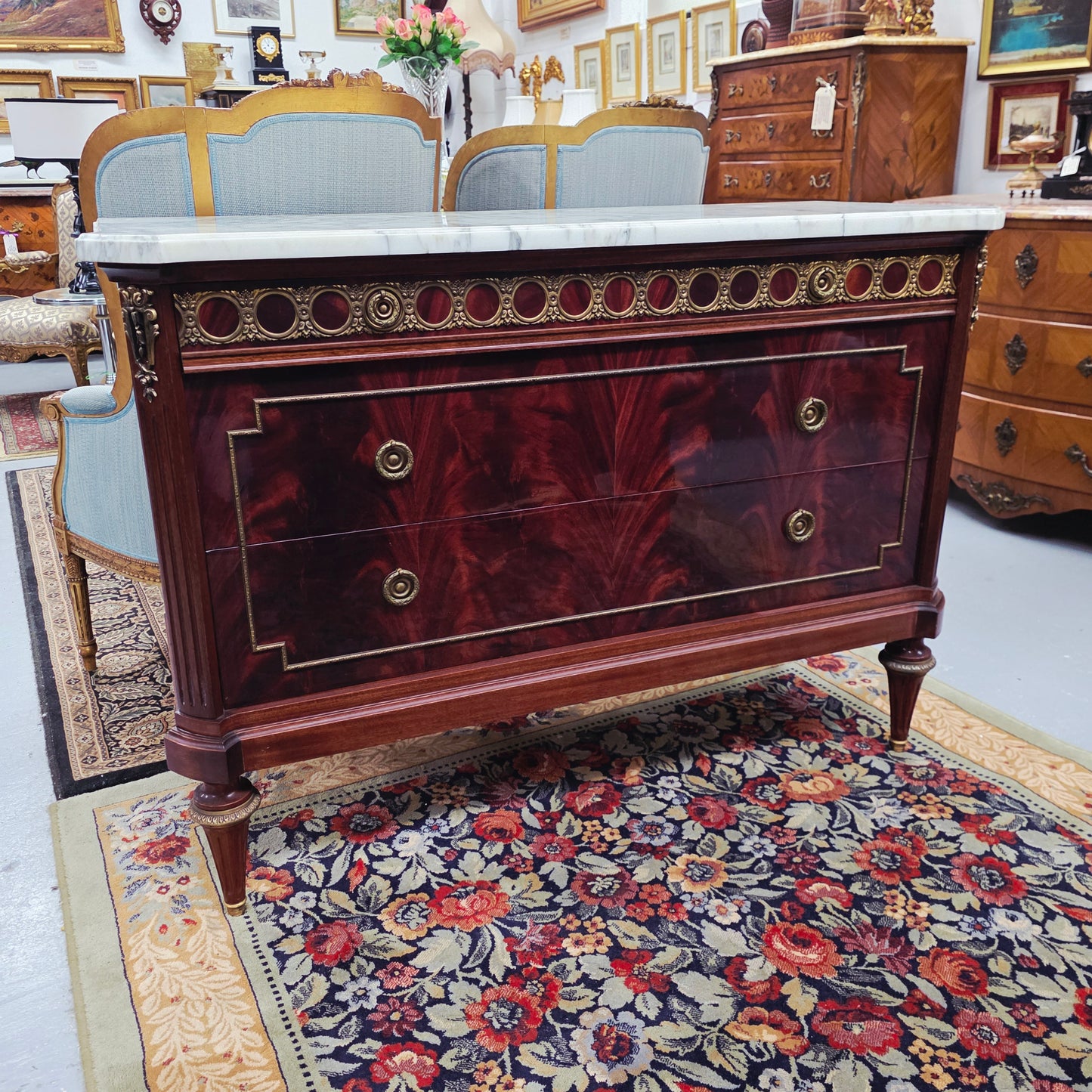 French Louis XVI Style Flame Mahogany Marble Top Commode