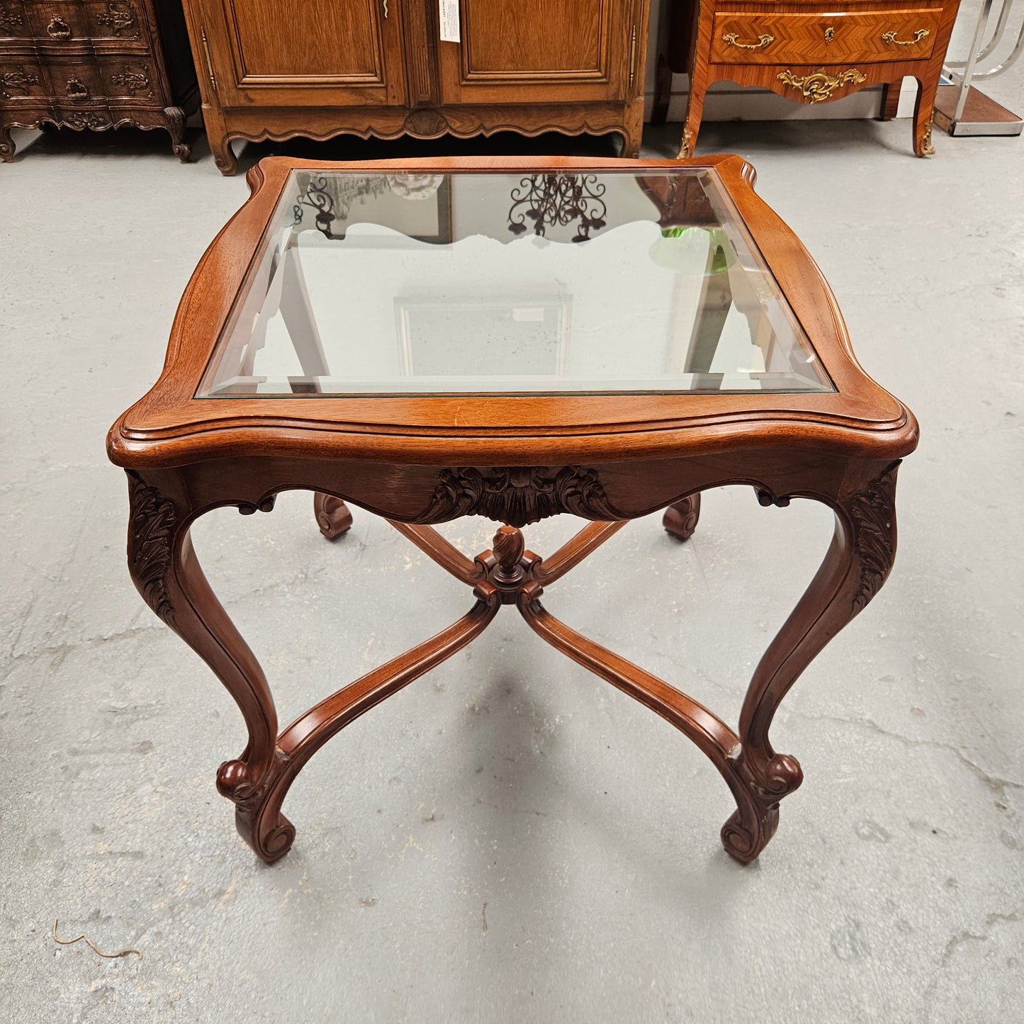 Vintage Mahogany Glass Top Coffee / Side Table Rococo Style